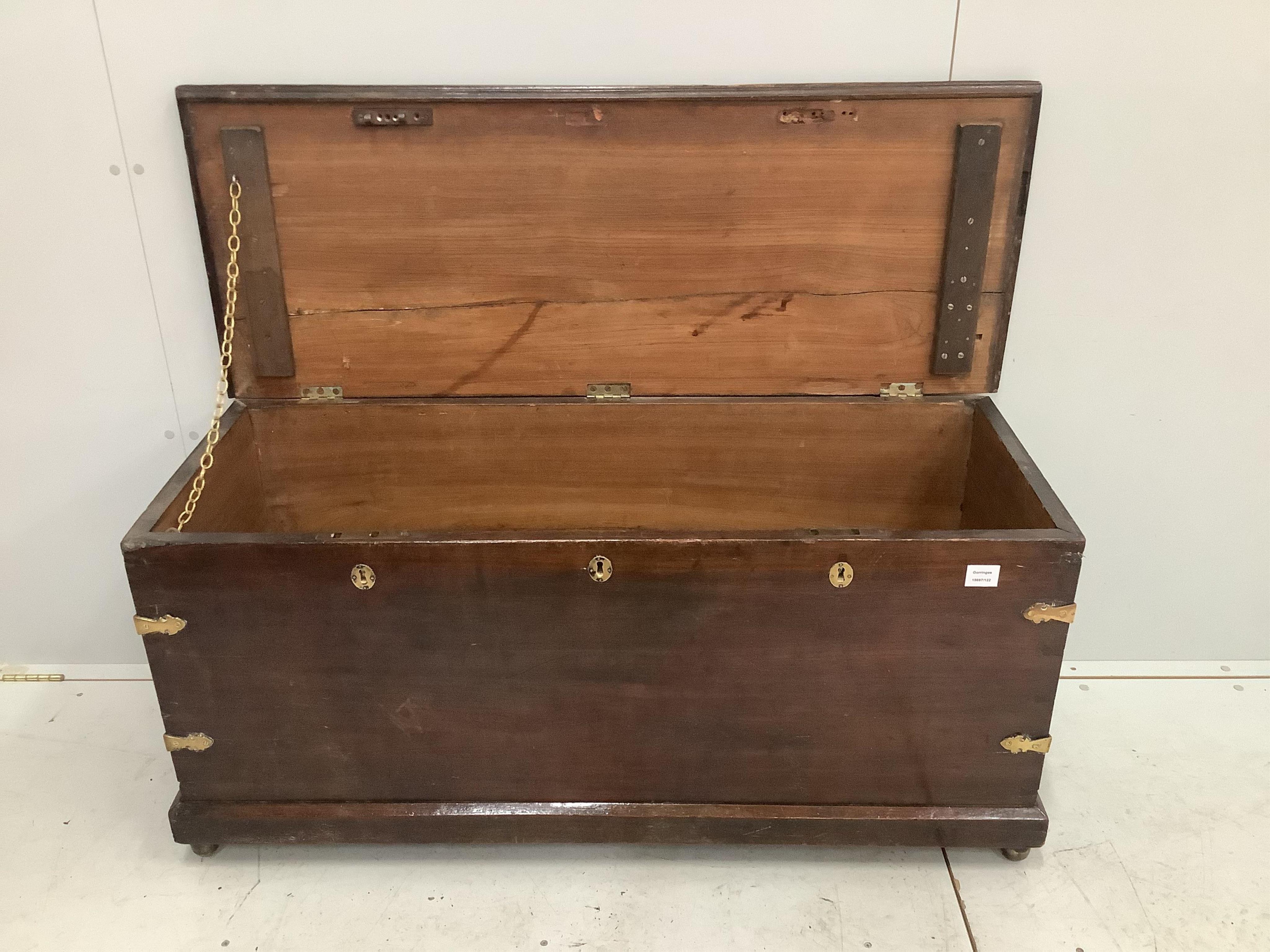 An 18th century Dutch Colonial hardwood coffer, width 124cm, depth 48cm, height 59cm. Condition - fair